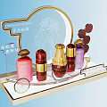 Luxury Perfume Cosmetics Display With Elegant Colored Bottles And Gold Accents