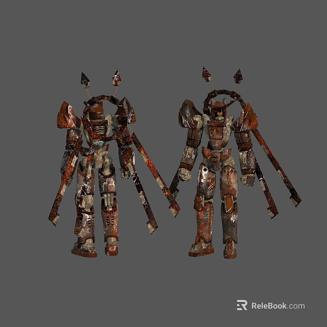 Two Rusty Mech Robots With Mechanical Arms And Head Components In Industrial Sci Fi Style 3d model
