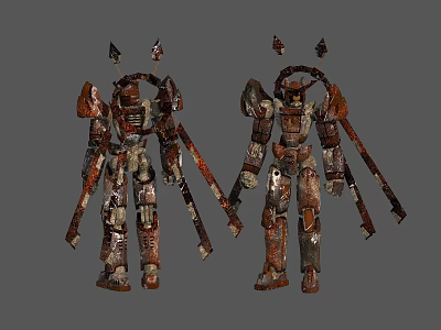 Two Rusty Mech Robots With Mechanical Arms And Head Components In Industrial Sci Fi Style 3d model