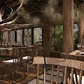 Rustic Restaurant Interior With Wooden Columns Green Plants Chandeliers And Dining Chairs