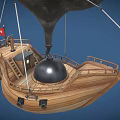 Cartoon Flying Ship Scene With Gray Balloon Wooden Hull Red Flag And Metal Ball