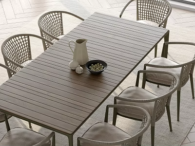 Wooden Table and Six Rattan Back Chairs with White Kettle Black Bowl and White Balls 3d model