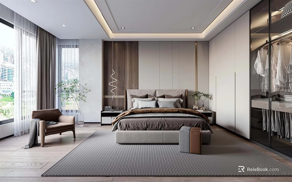 Modern Bedroom Interior Design With Bed Nightstands Plants Area Rug And Curtains 3d model 