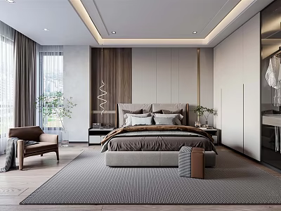 Modern Bedroom Interior Design With Bed Nightstands Plants Area Rug And Curtains 3d model