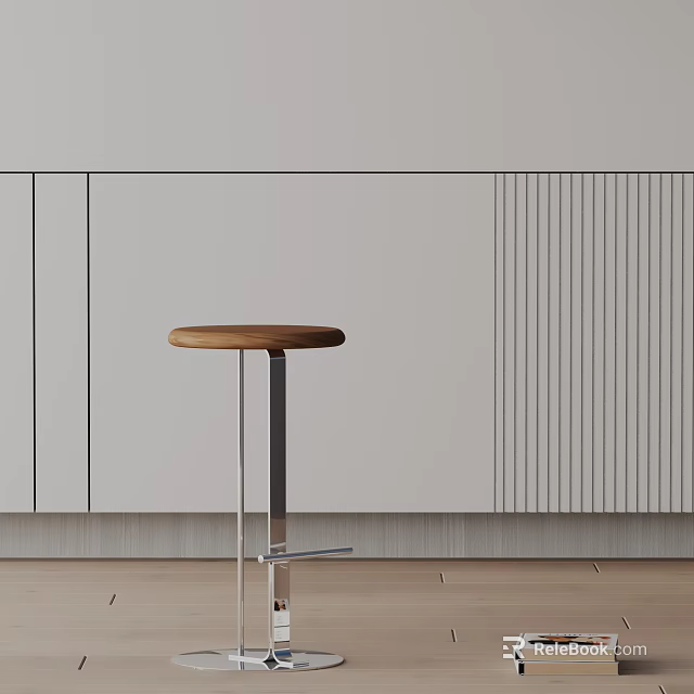 Modern Interior Design With Wooden Top Bar Stool Metal Frame And Vertical Slat Wall 3d model 
