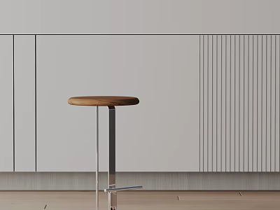Modern Interior Design With Wooden Top Bar Stool Metal Frame And Vertical Slat Wall 3d model