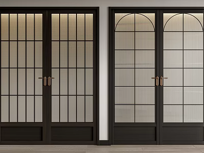 Elegant Double Doors With Dark Frame Grid Design Arched Top And Glass Panels 3d model