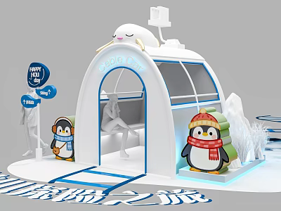 Snowy Theme Photo Spot With White Blue Igloo Penguin Dolls Happy Ice Sign And Scarf 3d model
