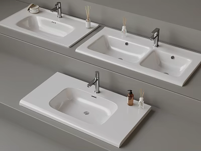 Three Modern Sleek White Washbasins With Silver Faucets And Toiletries On Grey Countertop 3d model