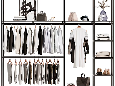 Fashionable Clothes Display With Racks Hanging Black White Gray Garments And Bags Shoes 3d model