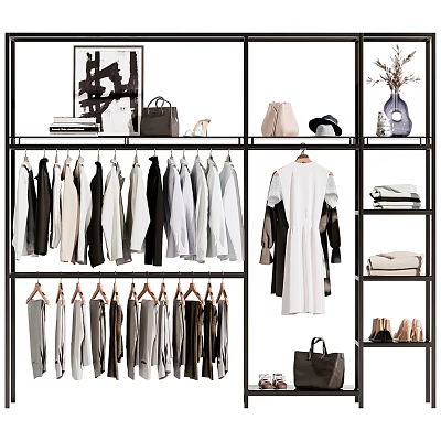 Fashionable Clothes Display With Racks Hanging Black White Gray Garments And Bags Shoes 3d model