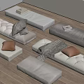 Modern Minimalist Floor Cushions In Beige Gray With Orange Pillows And Books