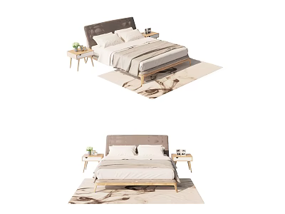 Modern Double Bed With Gray Headboard White Bedding Side Tables Green Plants Patterned Rug 3d model