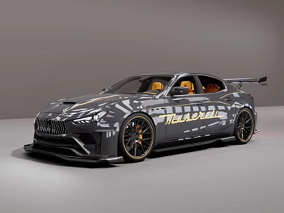 Sporty Car Design With Dark Gray Exterior Gold Wheels Rear Spoiler And Orange Seats 3d model