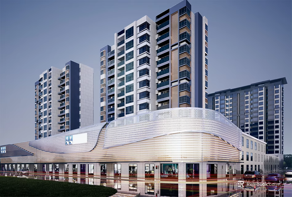 Modern Commercial Complex With High Rise Buildings And Glass Facade Design 3d model 