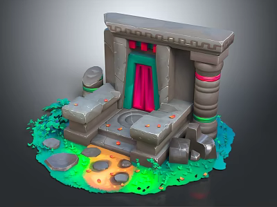 Cartoon Scene of Ancient Stone Gateway With Red Curtain Green Mossy Steps and Orange Details 3d model