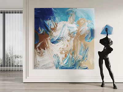 Large Abstract Painting With Blue White Brown Hues And Black Sculpture With Blue Top 3d model