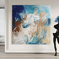 Large Abstract Painting With Blue White Brown Hues And Black Sculpture With Blue Top