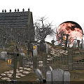 Mysterious Night Garden Landscape With Stone Path Tombstones Lanterns And Full Moon