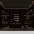 Modern Dark Walk in Closet Interior With Hanging Clothes Shelves Island And Lighting