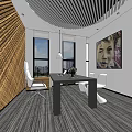 Modern Office Interior With Striped Wooden Wall Large Windows Black Desk White Chairs And Artwork