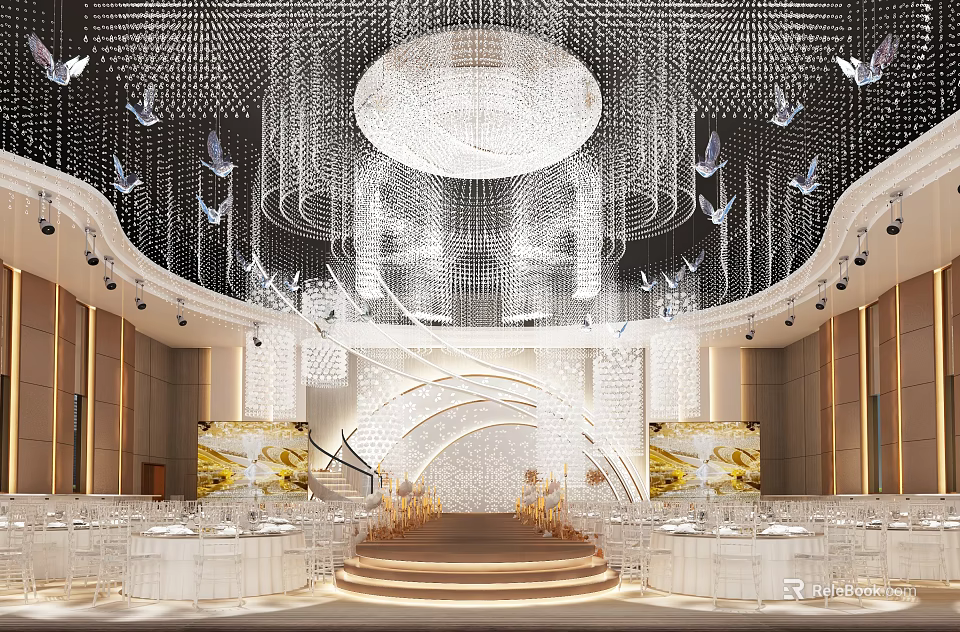 Luxurious Banquet Hall With Crystal Chandelier Arched Stage And Butterfly Decorations 3d model 
