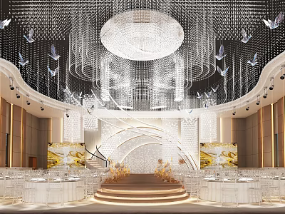 Luxurious Banquet Hall With Crystal Chandelier Arched Stage And Butterfly Decorations 3d model