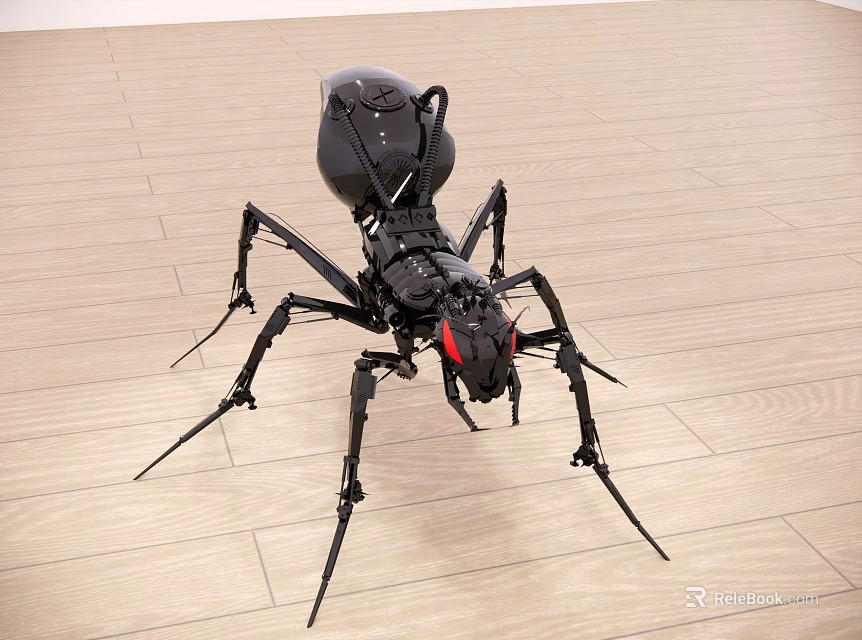 Black Mechanical Ant With Red Eyes And Long Legs On Wooden Floor 3d model 