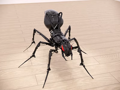 Black Mechanical Ant With Red Eyes And Long Legs On Wooden Floor 3d model