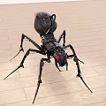 Black Mechanical Ant With Red Eyes And Long Legs On Wooden Floor