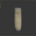 Cylindrical Carved Sculpture With Intricate Facial Features And Decorative Lines On Dark Background