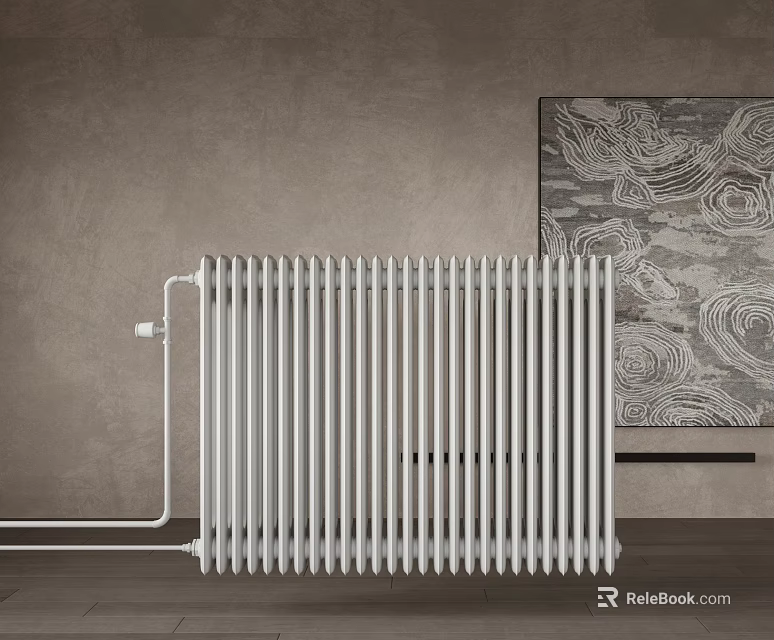 White Vertical Radiator for Home Heating in Room with Gray Wall and Decorative Art 3d model 