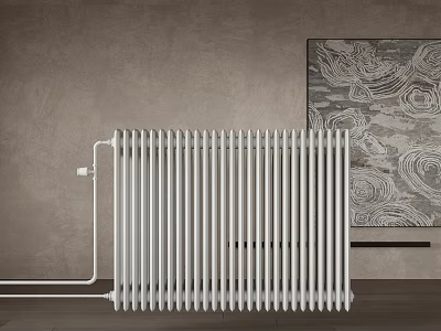 White Vertical Radiator for Home Heating in Room with Gray Wall and Decorative Art 3d model