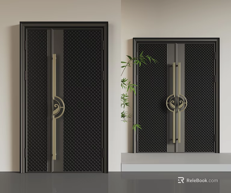 Modern Black Double Doors With Mesh Design Golden Handles And Green Plant 3d model 
