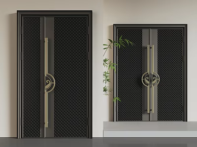 Modern Black Double Doors With Mesh Design Golden Handles And Green Plant 3d model