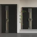 Modern Black Double Doors With Mesh Design Golden Handles And Green Plant