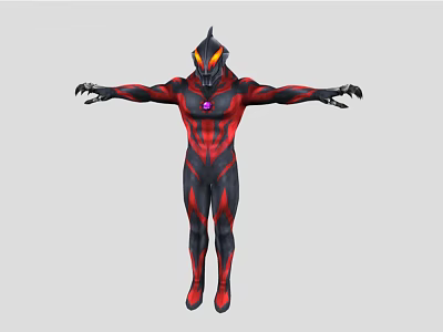 Man In Red Black Costume With Spiked Head Yellow Eyes Purple Gem Outstretched Arms 3d model
