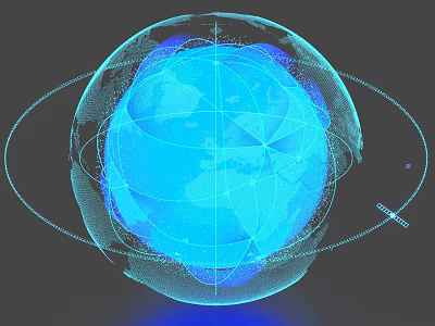 Blue Globe Decorative Ornament Set With Grid Lines Circular Rings And Satellite 3d model