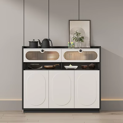 Modern White And Black Sideboard Cabinet With Open Storage Shelves Tableware Teapot And Decorative Plant 3d model