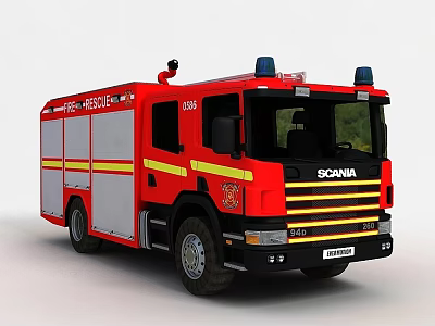 Technology Exhibition Hall Showcasing Red Scania Fire Rescue Truck With Modern Tech 3d model