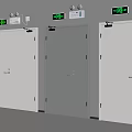Steel Hinged Doors With Emergency Exit Signs And Green Indicator Lights