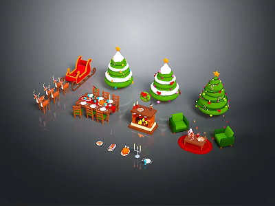 Reindeer Pulling Sleigh Near Decorated Christmas Trees and Festive Dining Table with Gifts 3d model