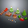 Reindeer Pulling Sleigh Near Decorated Christmas Trees and Festive Dining Table with Gifts