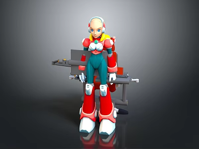 Pink Headed Mecha Character In Blue Red Armor With White Boots And Mechanical Structure 3d model
