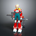 Pink Headed Mecha Character In Blue Red Armor With White Boots And Mechanical Structure