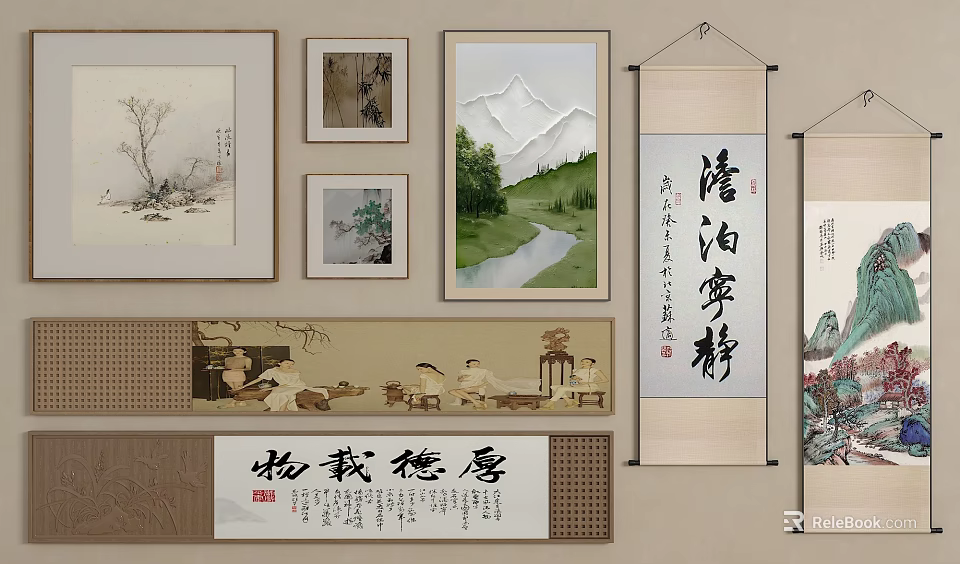 Chinese Traditional Artworks Including Framed Paintings Calligraphy Scrolls And Mountain River Scenery 3d model 