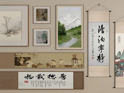 Chinese Traditional Artworks Including Framed Paintings Calligraphy Scrolls And Mountain River Scenery 3d model