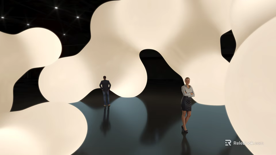Large White Abstract Sculptures With People Standing On Reflective Dark Floor 3d model 