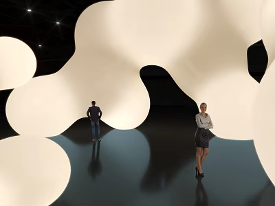 Large White Abstract Sculptures With People Standing On Reflective Dark Floor 3d model