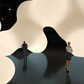 Large White Abstract Sculptures With People Standing On Reflective Dark Floor